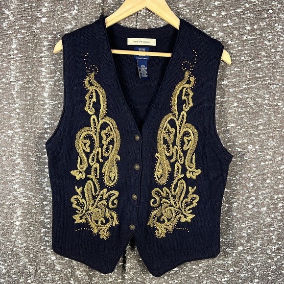 IVY Hand Gold Embroidered Beaded Blue Sweater Vest - Picture 1 of 6
